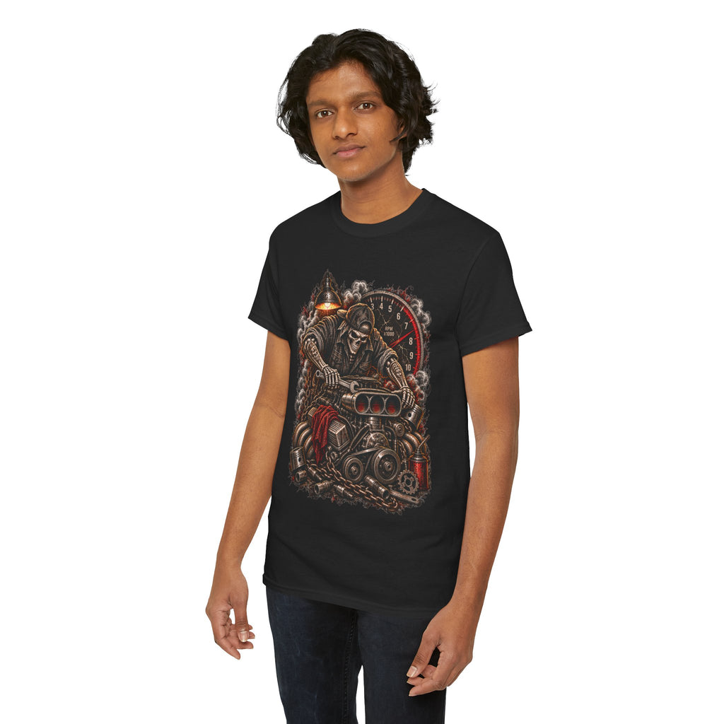 Mechanic Graphic Tee Wrench Reaper V8 Shirt | Hot Rod Garage Skull T-Shirt