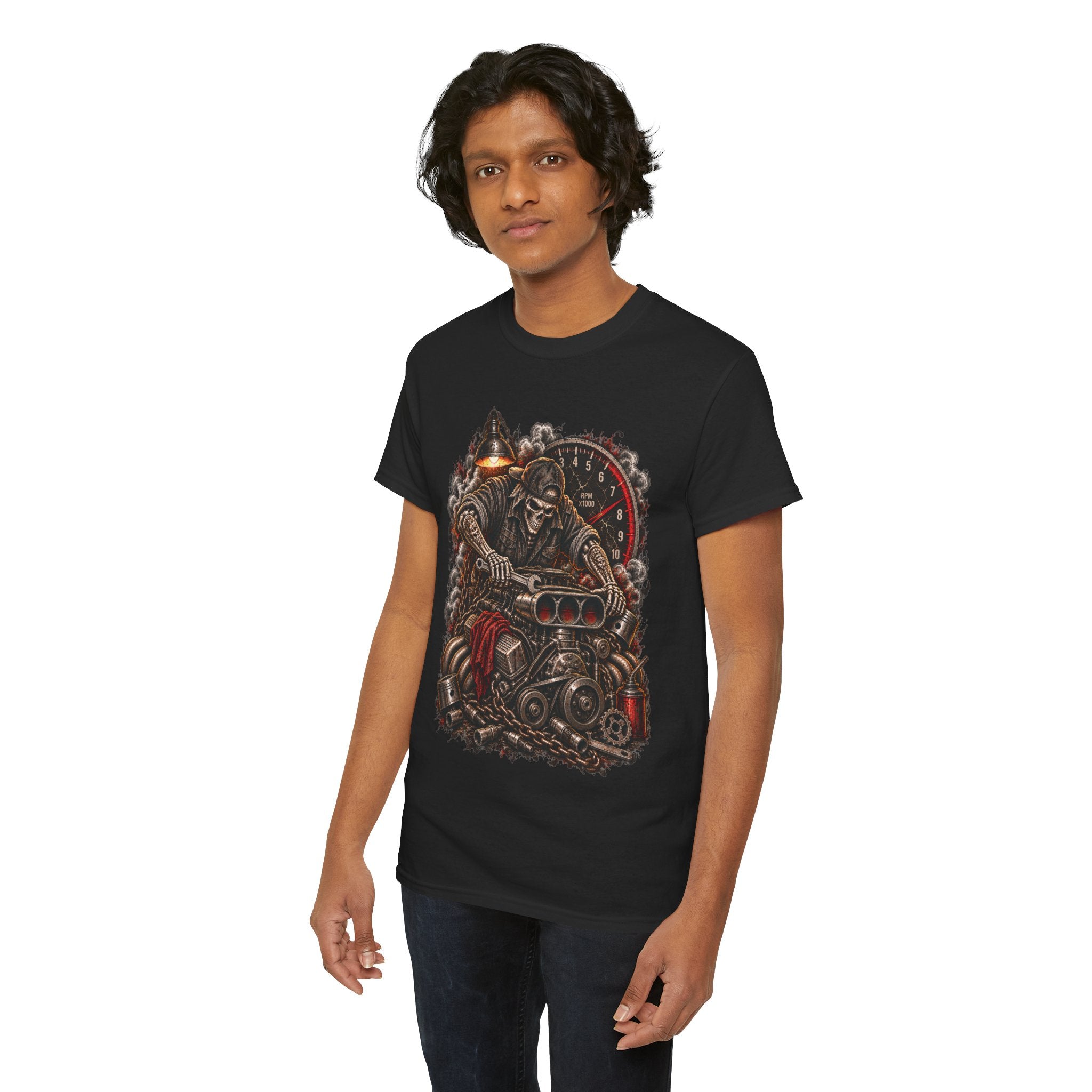 Mechanic Graphic Tee Wrench Reaper V8 Shirt | Hot Rod Garage Skull T-Shirt