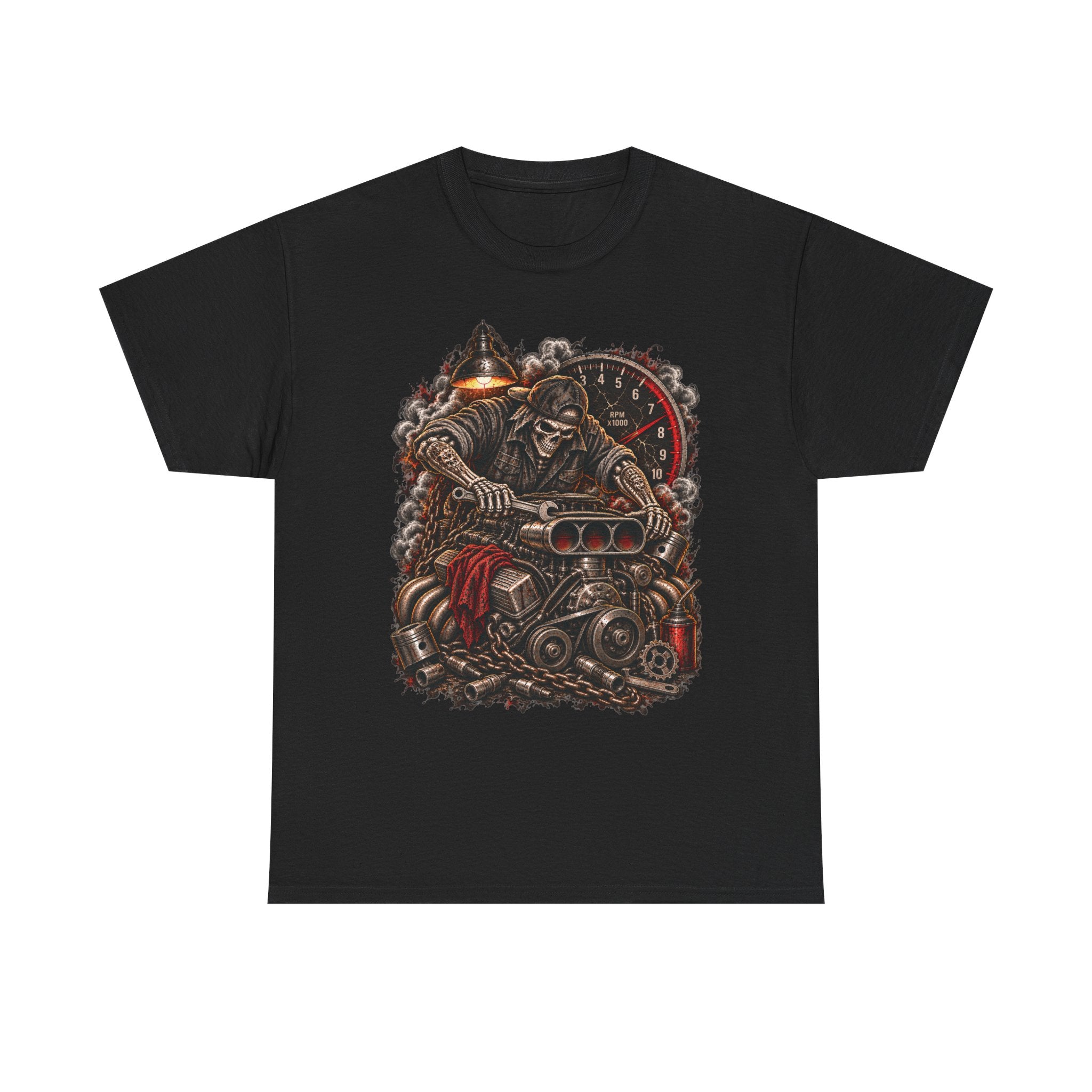 Mechanic Graphic Tee Wrench Reaper V8 Shirt | Hot Rod Garage Skull T-Shirt