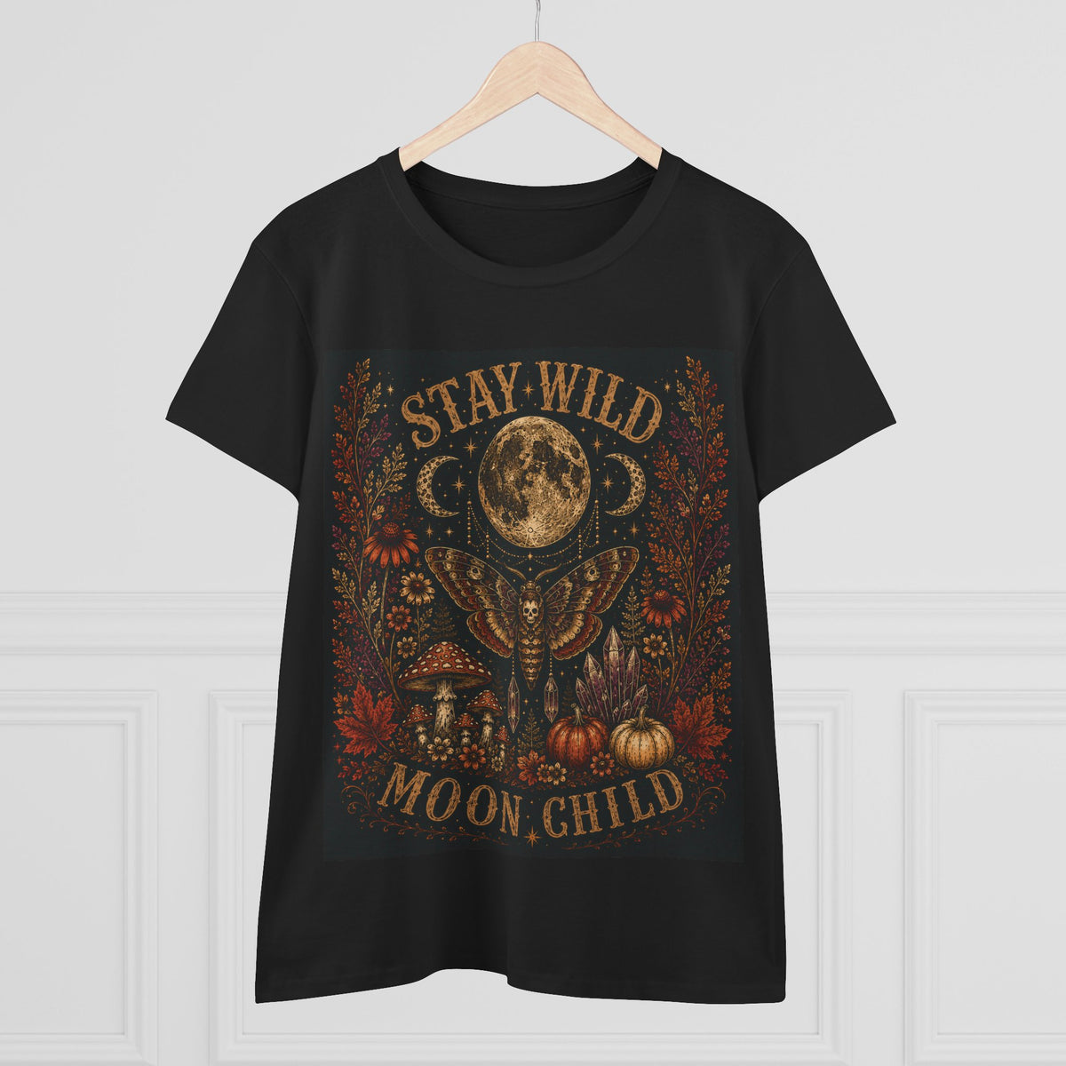 Stay Wild Moon Child T-Shirt - Mystical Moon & Floral Graphic for Women
