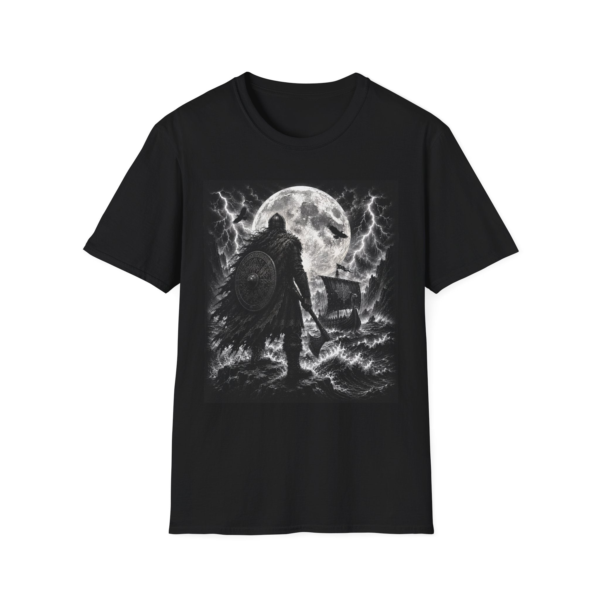 Norse Viking Warrior Graphic Tee | Dark Nordic Longship Moon Shirt | Gothic Viking Ocean T-Shirt