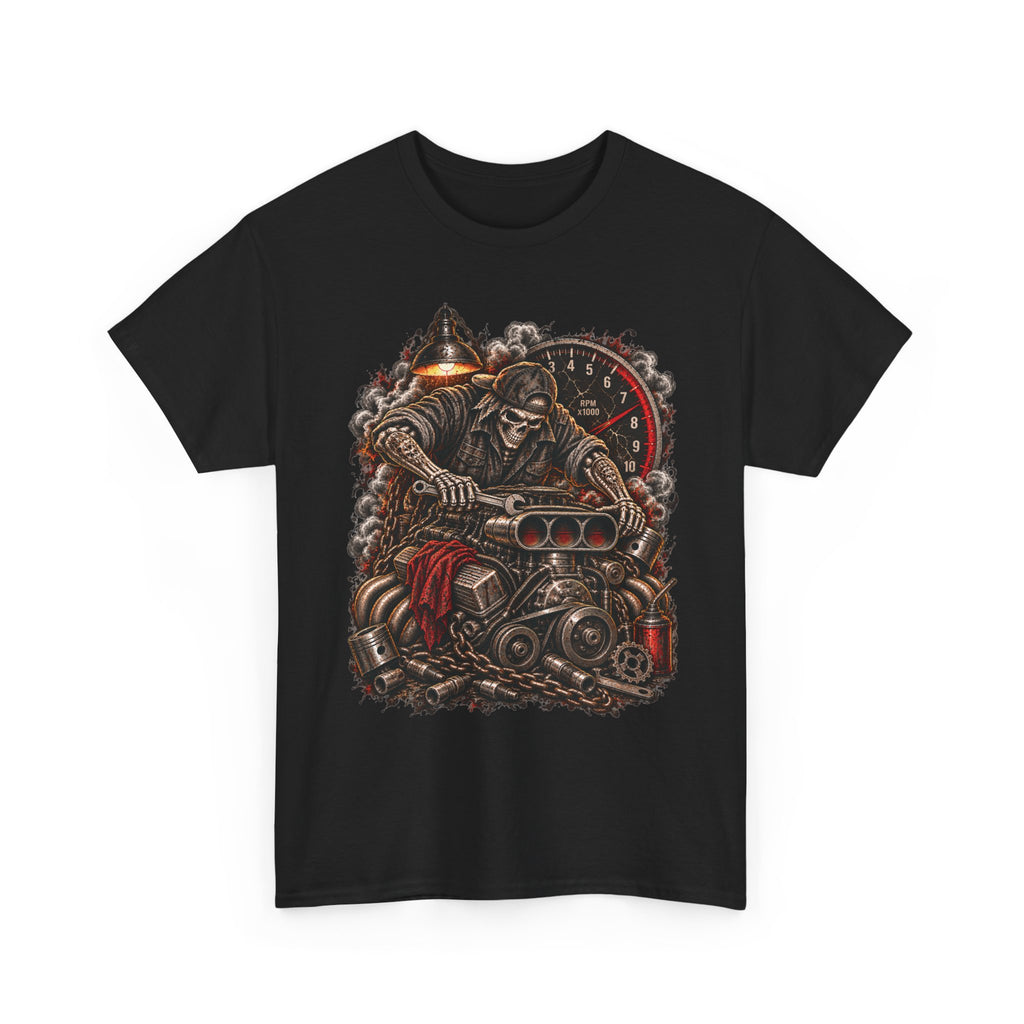 Mechanic Graphic Tee Wrench Reaper V8 Shirt | Hot Rod Garage Skull T-Shirt