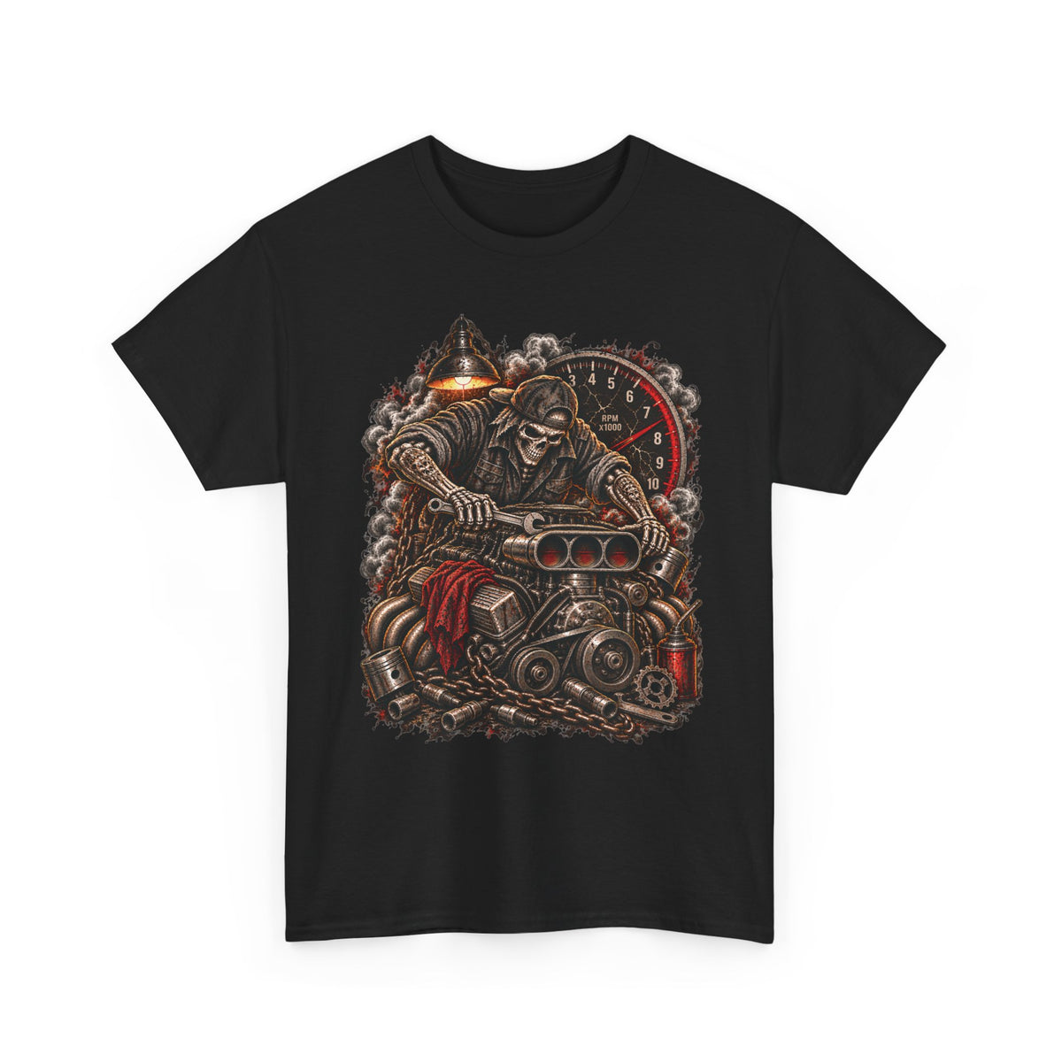 Mechanic Graphic Tee Wrench Reaper V8 Shirt | Hot Rod Garage Skull T-Shirt