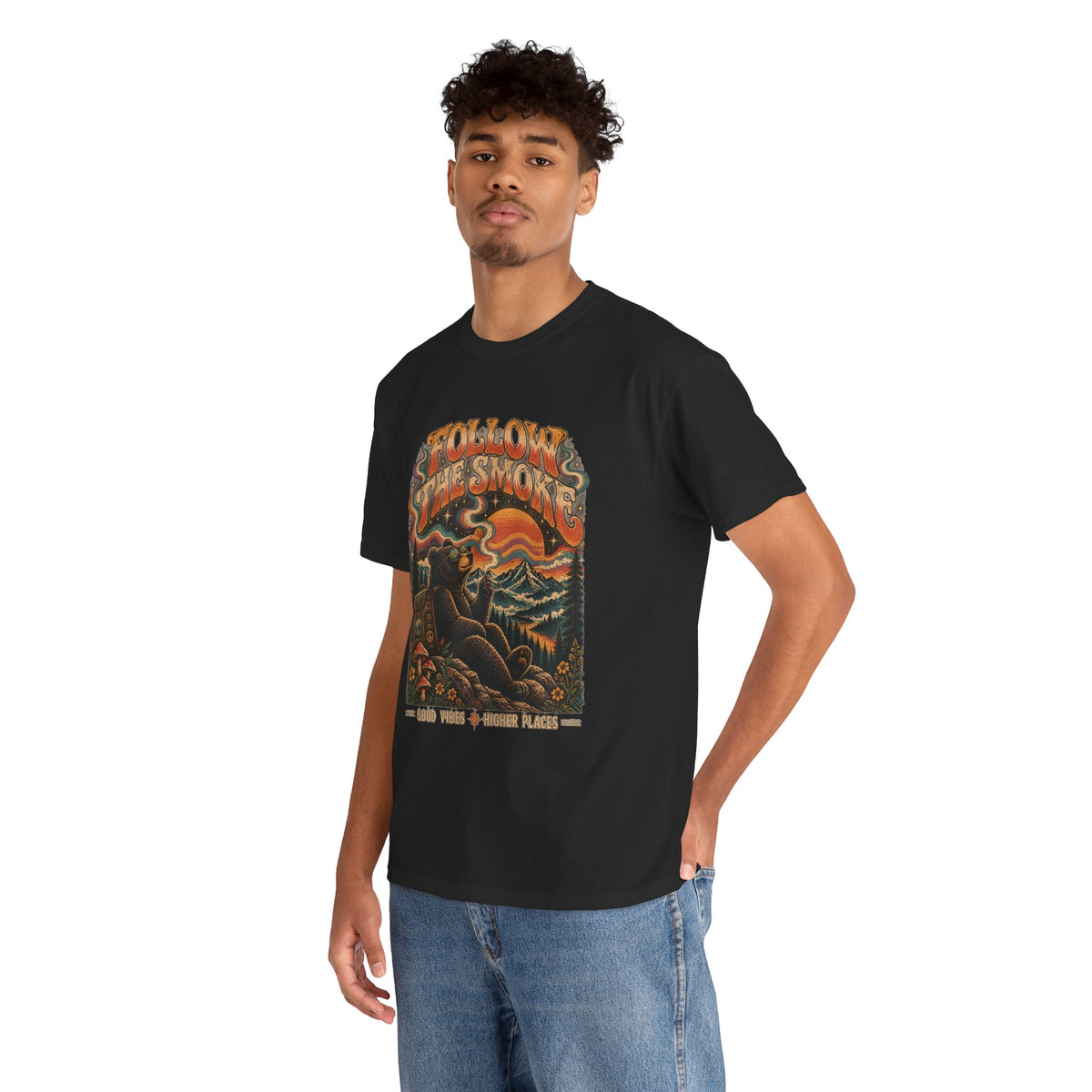 Follow the Smoke Bear Graphic Tee | Retro Psychedelic Mountain Shirt | Vintage Outdoors T-Shirt