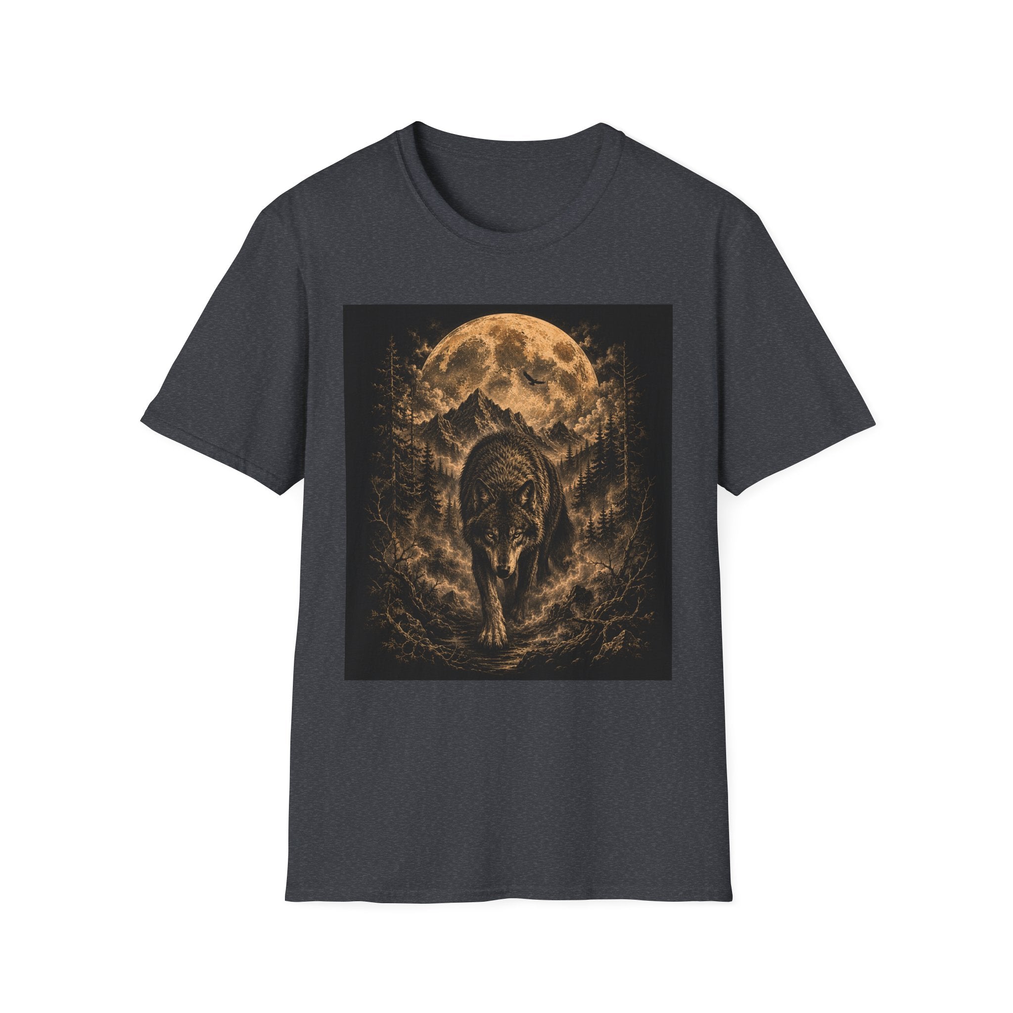 Wolf Moon T-Shirt — Majestic Wolf Silhouette with Full Moon Woodland Design