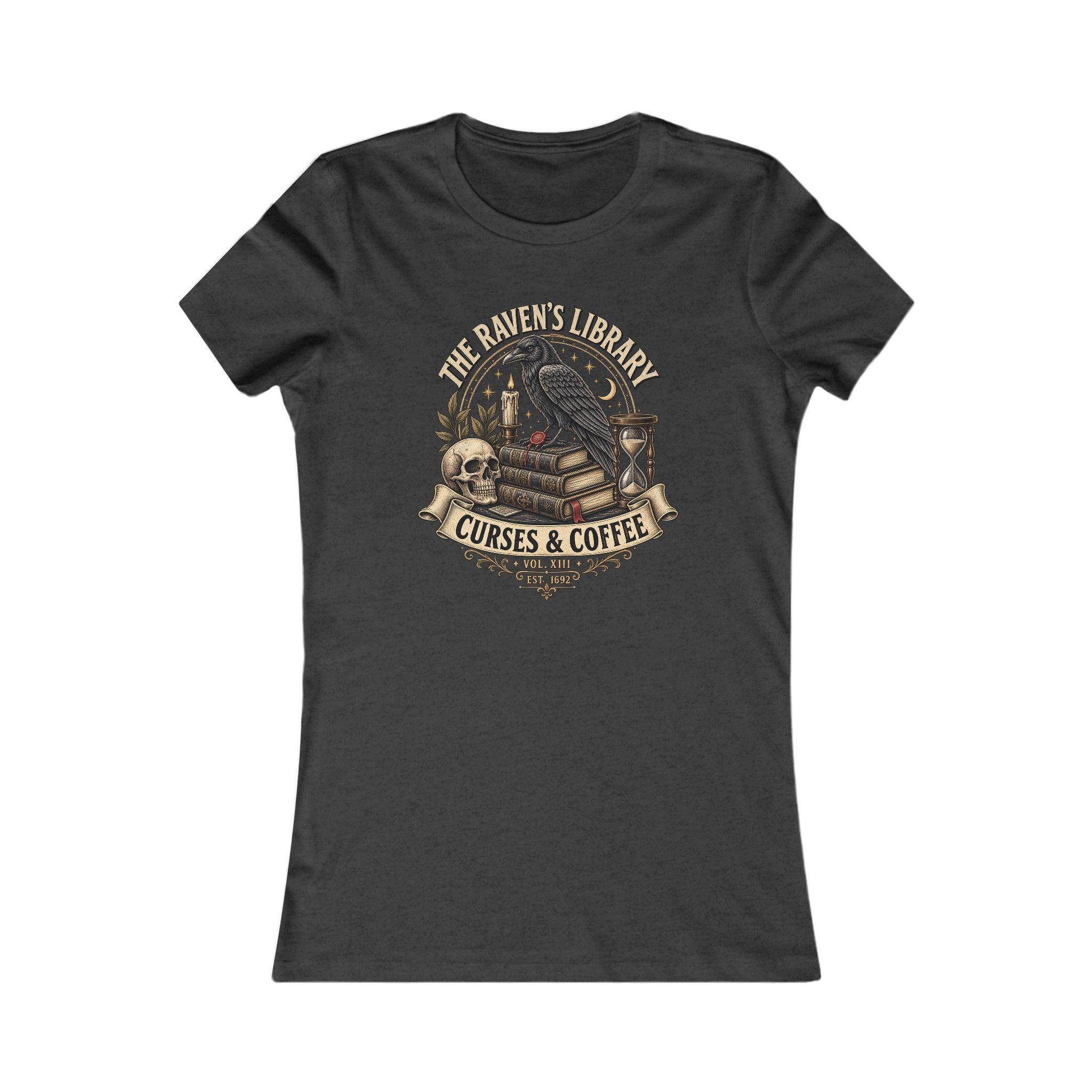 The Raven’s Library Tee | Vintage Gothic Raven & Books Shirt | Dark Academia Curses and Coffee Graphic Tee