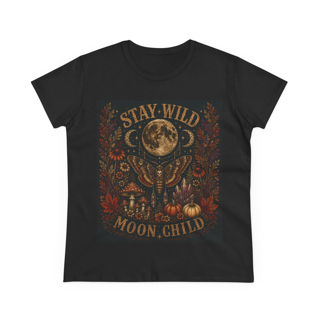 Stay Wild Moon Child T-Shirt - Mystical Moon & Floral Graphic for Women