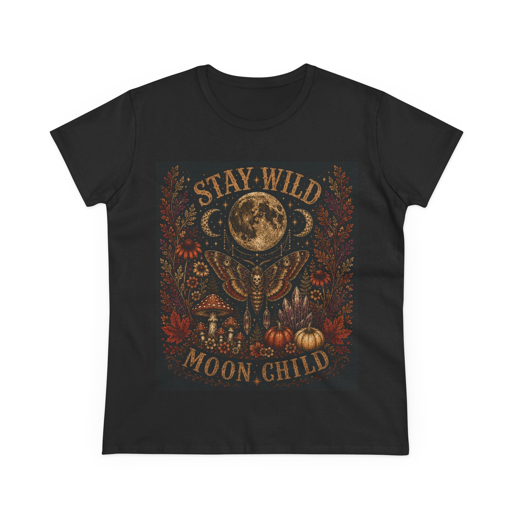 Stay Wild Moon Child T-Shirt - Mystical Moon & Floral Graphic for Women