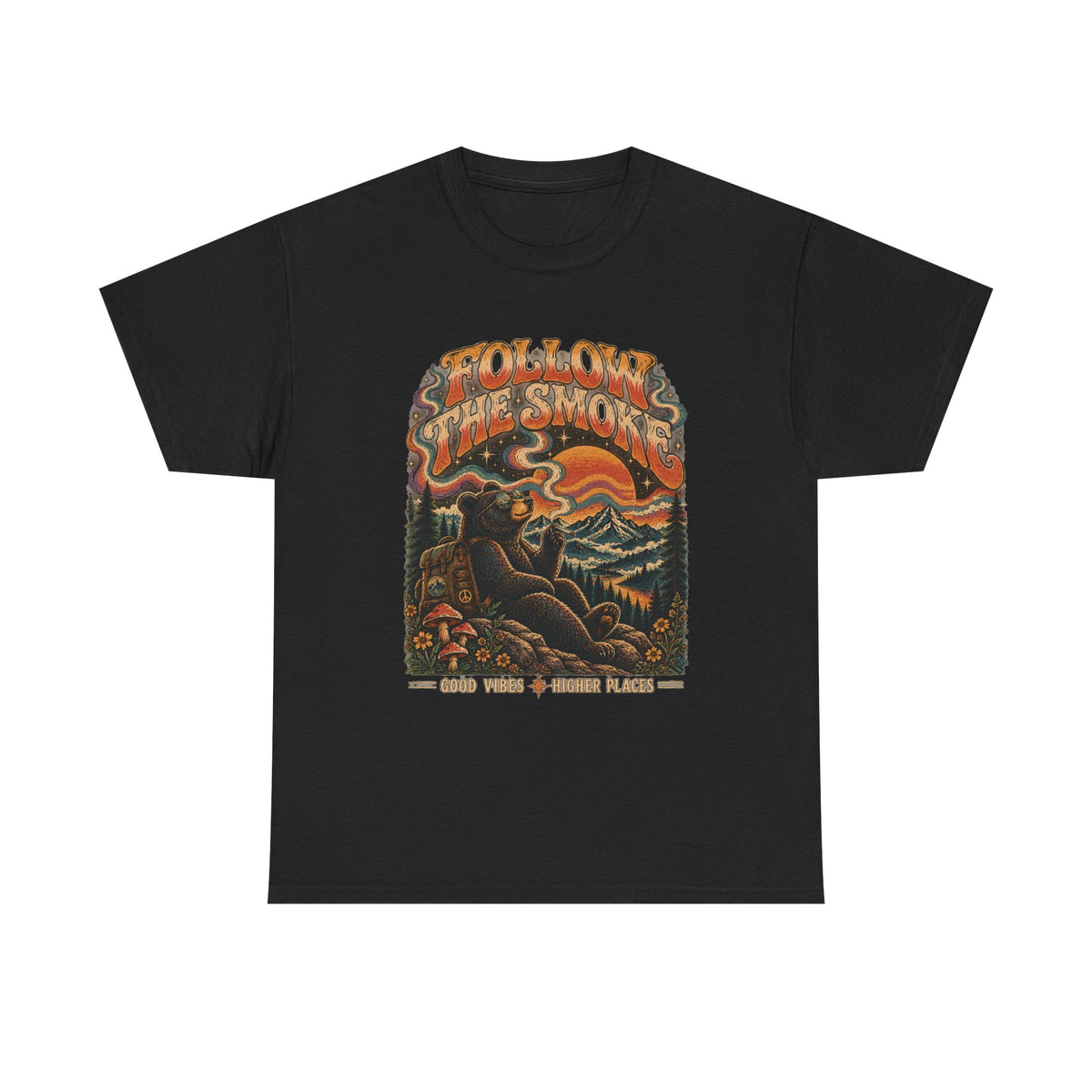 Follow the Smoke Bear Graphic Tee | Retro Psychedelic Mountain Shirt | Vintage Outdoors T-Shirt