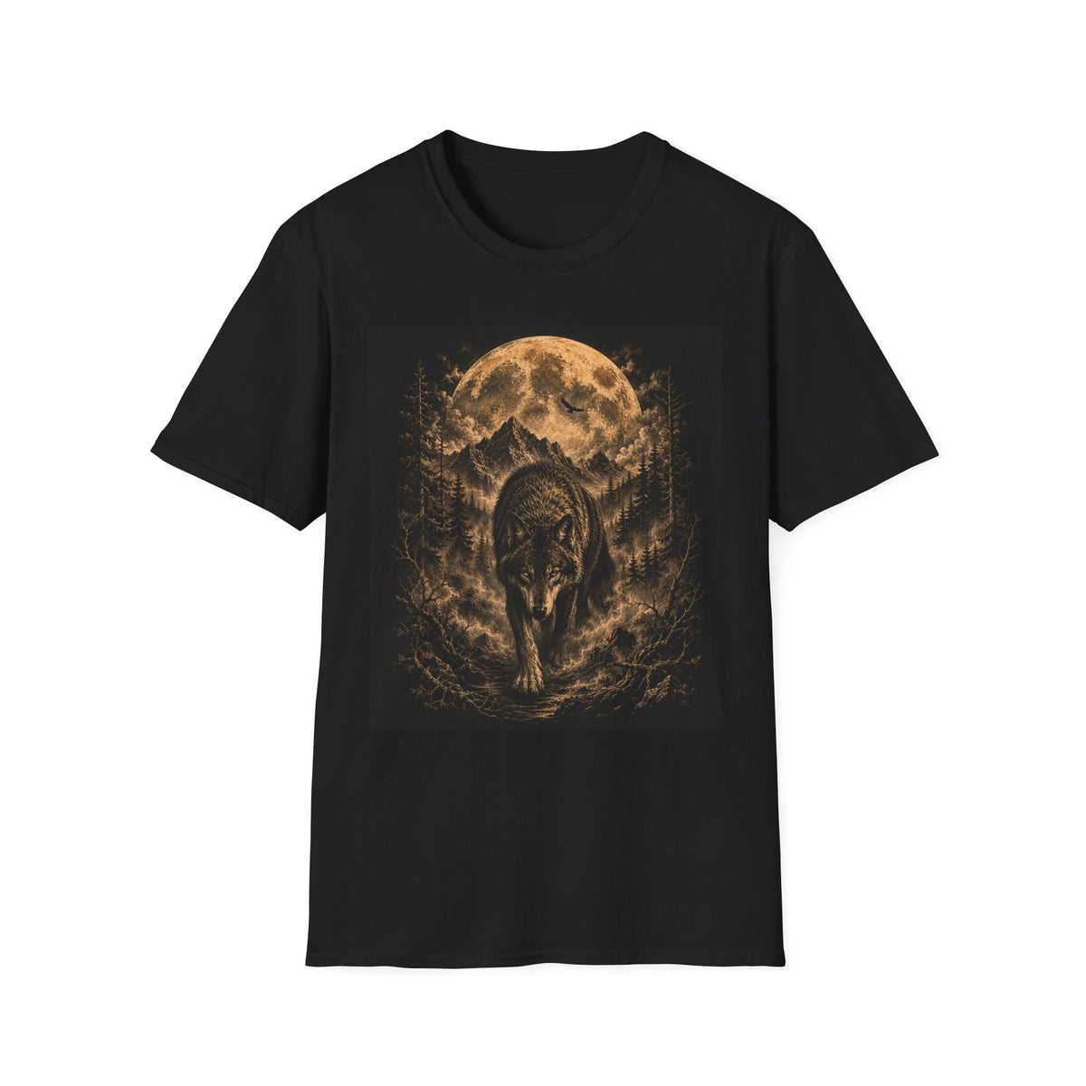 Wolf Moon T-Shirt — Majestic Wolf Silhouette with Full Moon Woodland Design