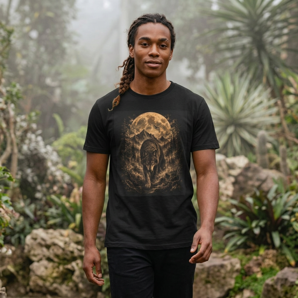 Wolf Moon T-Shirt — Majestic Wolf Silhouette with Full Moon Woodland Design