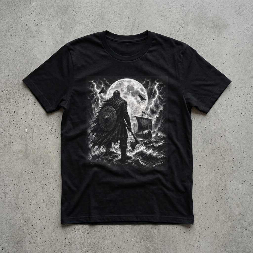 Norse Viking Warrior Graphic Tee | Dark Nordic Longship Moon Shirt | Gothic Viking Ocean T-Shirt