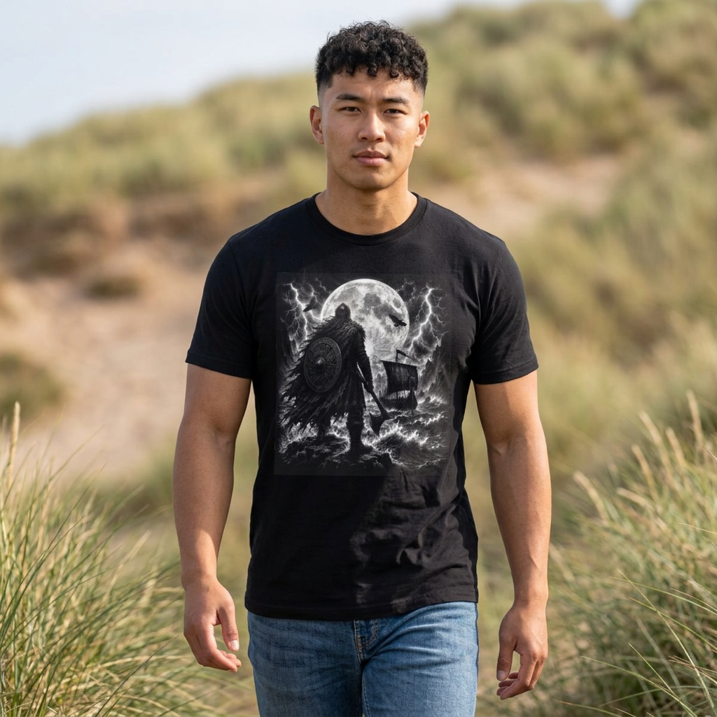 Norse Viking Warrior Graphic Tee | Dark Nordic Longship Moon Shirt | Gothic Viking Ocean T-Shirt