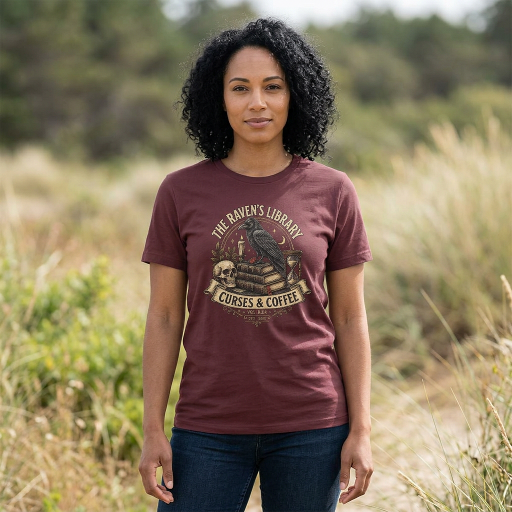 The Raven’s Library Tee | Vintage Gothic Raven & Books Shirt | Dark Academia Curses and Coffee Graphic Tee