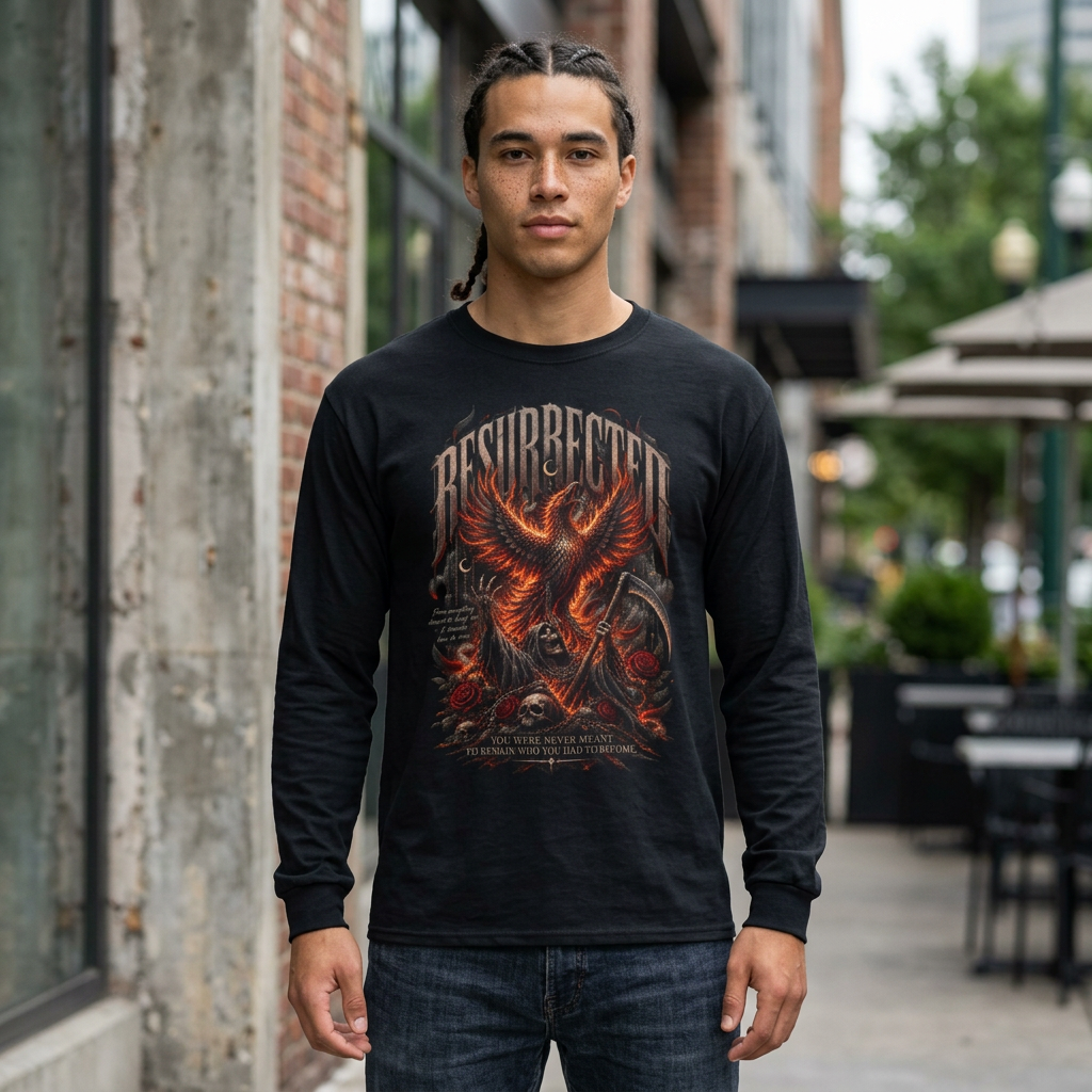 Resurrected Phoenix Long Sleeve Tee — Fiery Gothic Revival Shirt