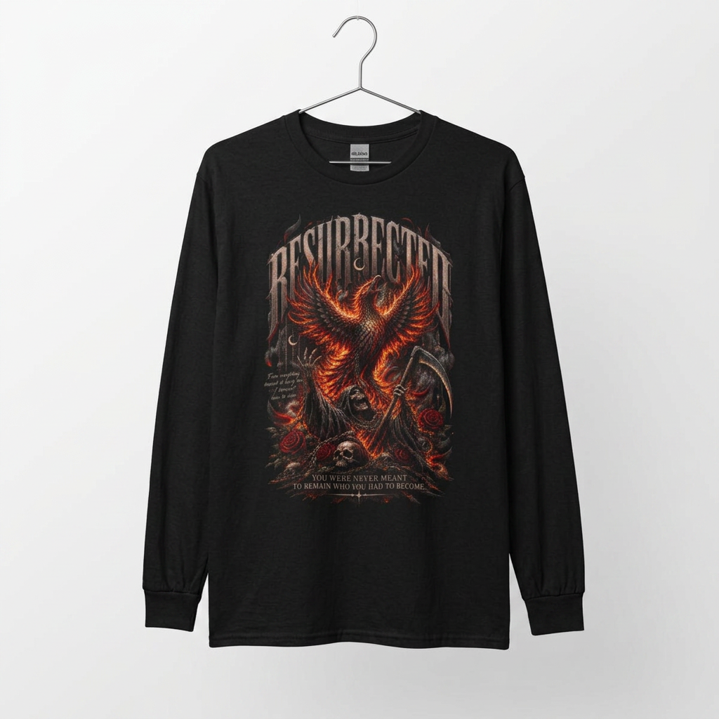 Resurrected Phoenix Long Sleeve Tee — Fiery Gothic Revival Shirt