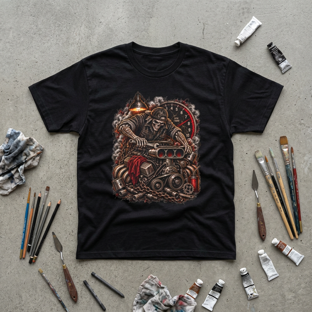 Mechanic Graphic Tee Wrench Reaper V8 Shirt | Hot Rod Garage Skull T-Shirt