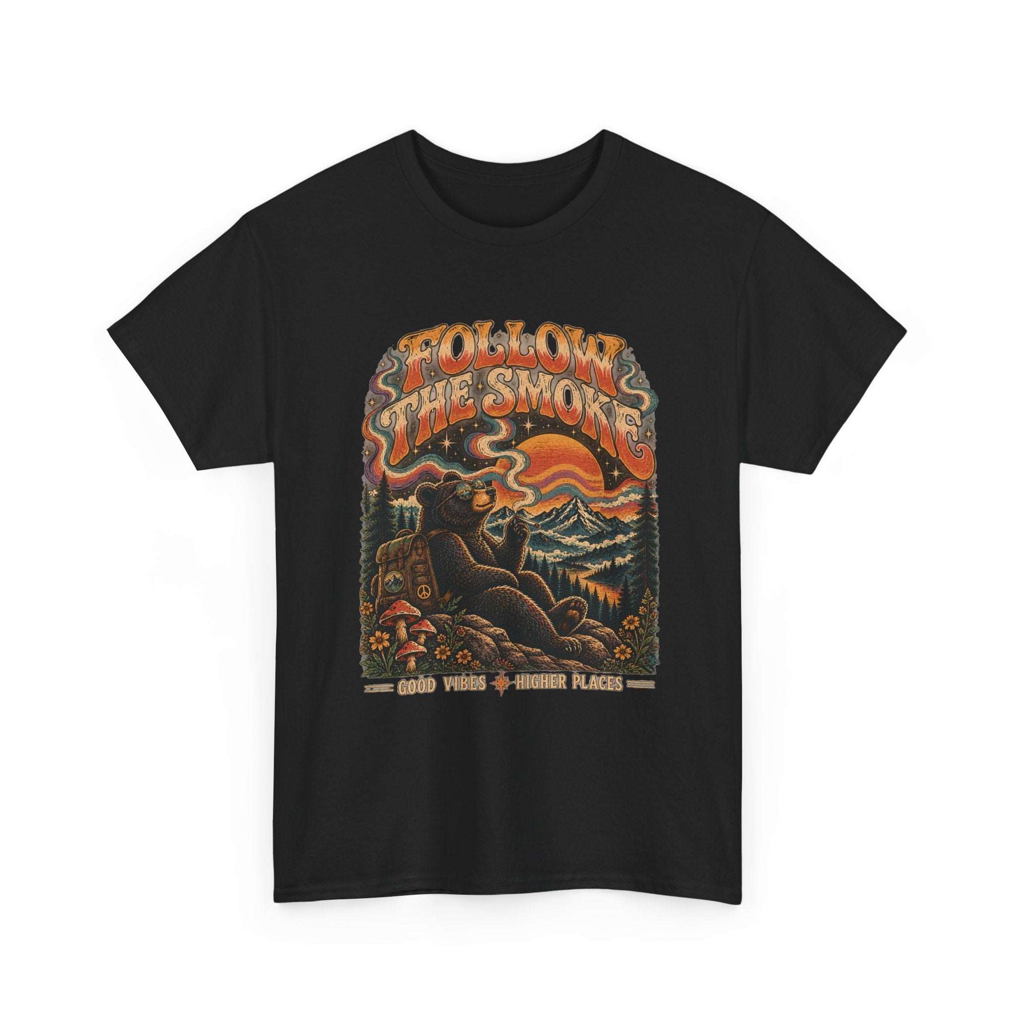 Follow the Smoke Bear Graphic Tee | Retro Psychedelic Mountain Shirt | Vintage Outdoors T-Shirt