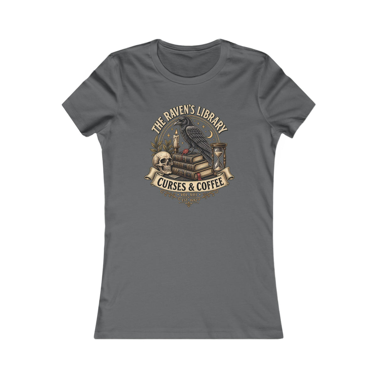 The Raven’s Library Tee | Vintage Gothic Raven & Books Shirt | Dark Academia Curses and Coffee Graphic Tee