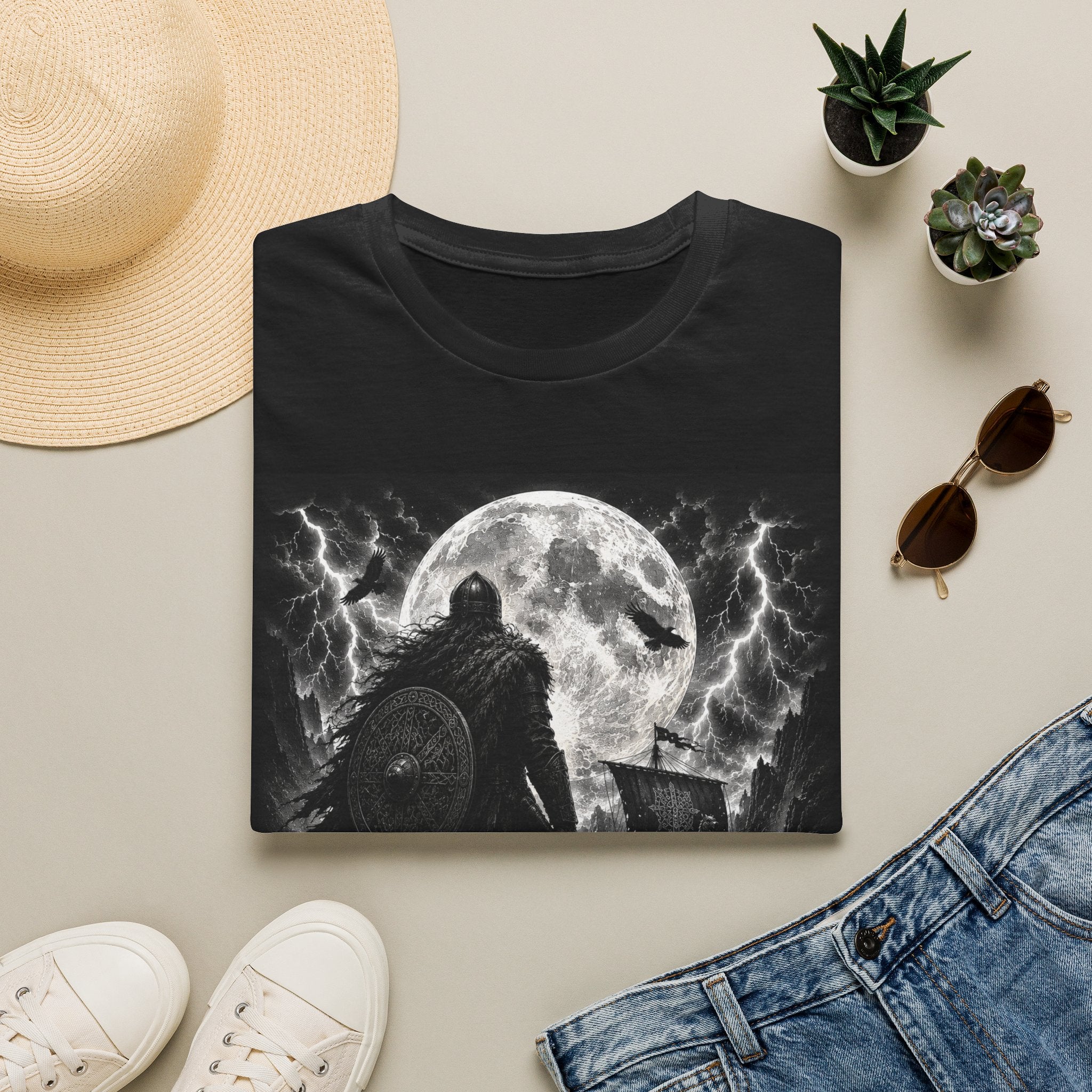 Norse Viking Warrior Graphic Tee | Dark Nordic Longship Moon Shirt | Gothic Viking Ocean T-Shirt