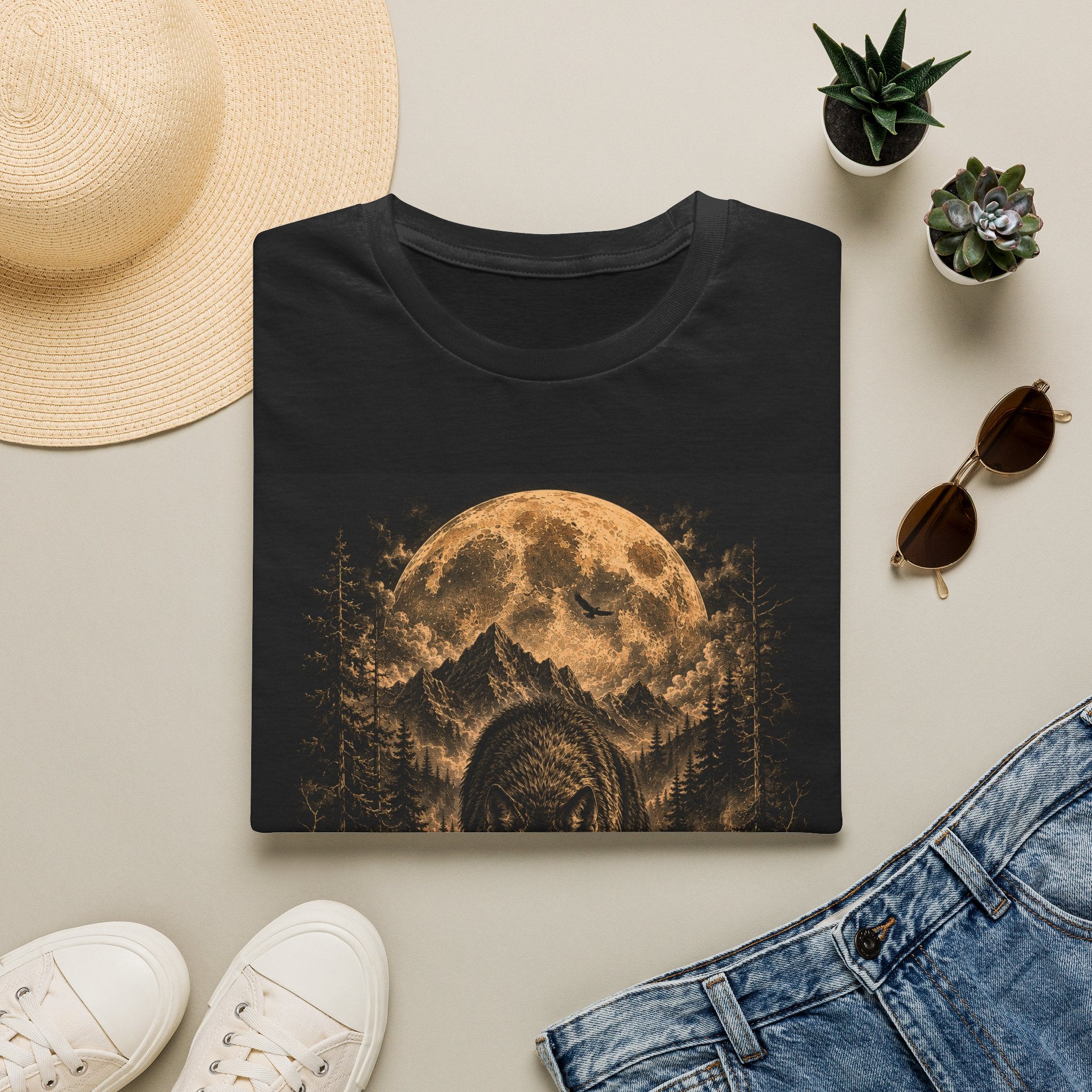 Wolf Moon T-Shirt — Majestic Wolf Silhouette with Full Moon Woodland Design