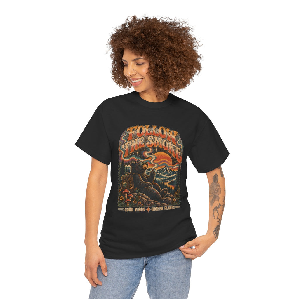 Follow the Smoke Bear Graphic Tee | Retro Psychedelic Mountain Shirt | Vintage Outdoors T-Shirt