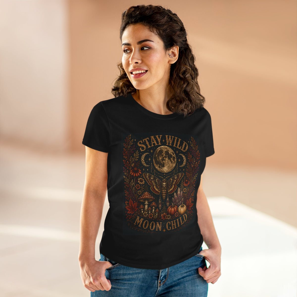 Stay Wild Moon Child T-Shirt - Mystical Moon & Floral Graphic for Women