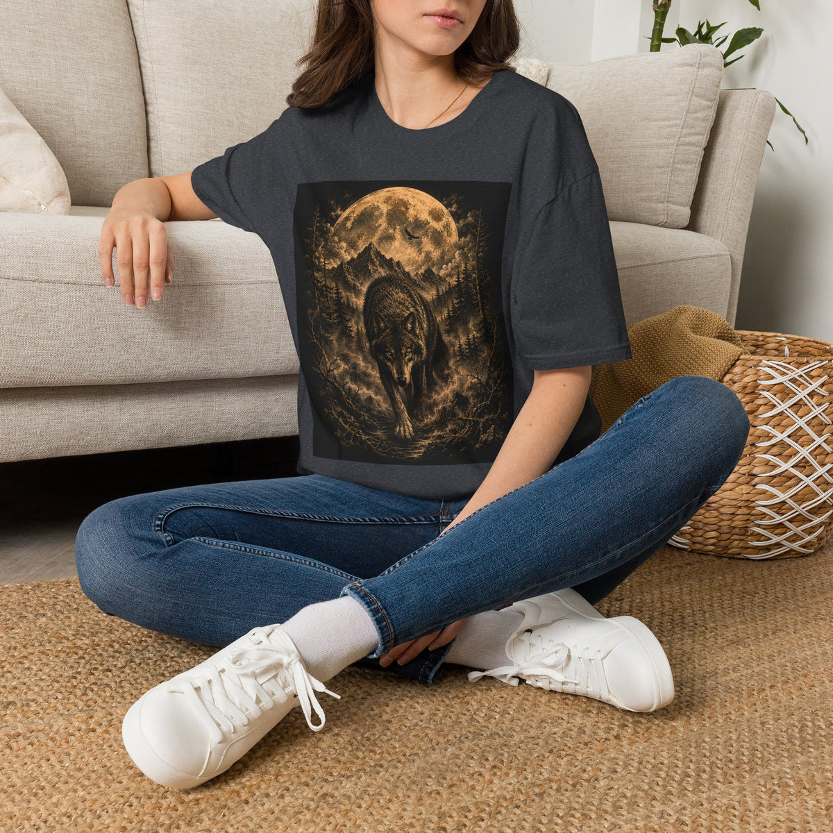Wolf Moon T-Shirt — Majestic Wolf Silhouette with Full Moon Woodland Design