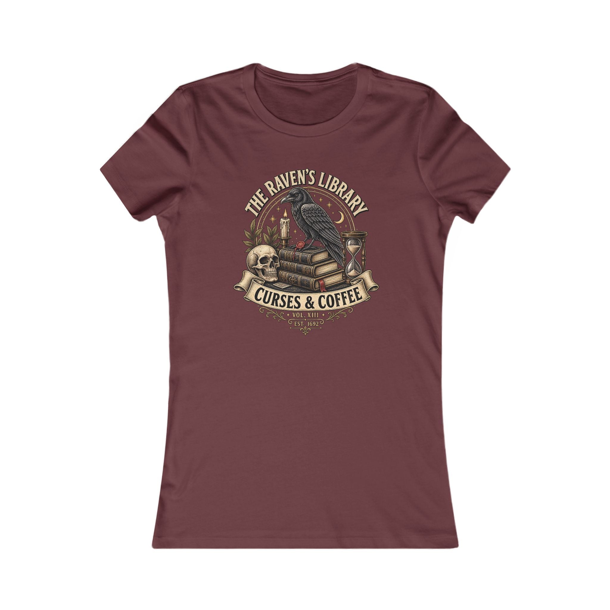 The Raven’s Library Tee | Vintage Gothic Raven & Books Shirt | Dark Academia Curses and Coffee Graphic Tee