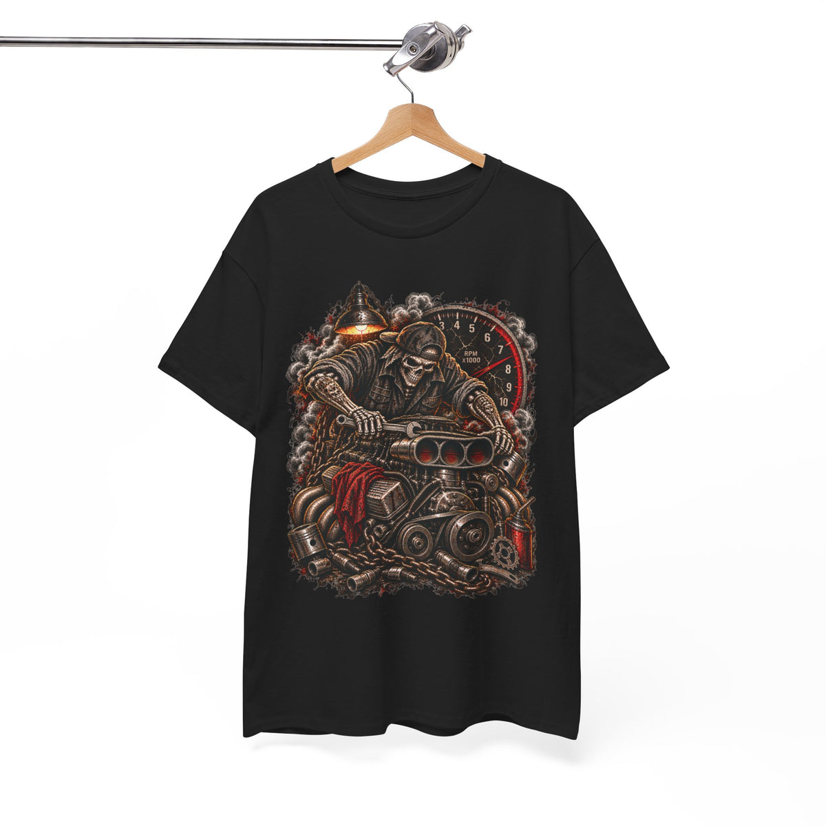 Mechanic Graphic Tee Wrench Reaper V8 Shirt | Hot Rod Garage Skull T-Shirt