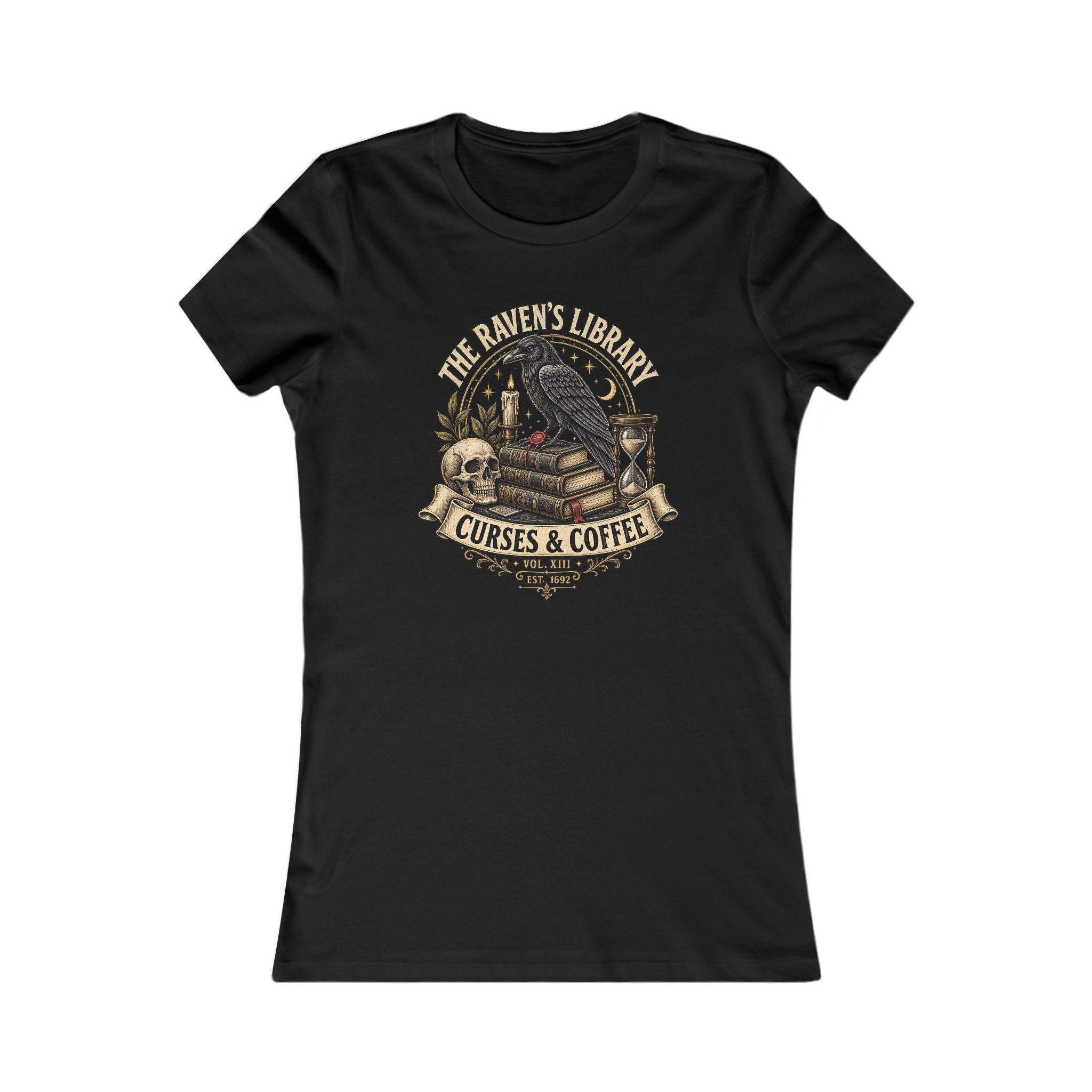 The Raven’s Library Tee | Vintage Gothic Raven & Books Shirt | Dark Academia Curses and Coffee Graphic Tee