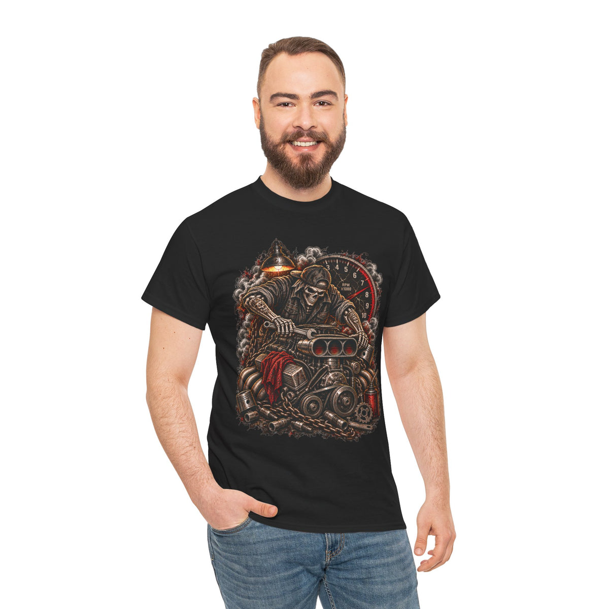 Mechanic Graphic Tee Wrench Reaper V8 Shirt | Hot Rod Garage Skull T-Shirt
