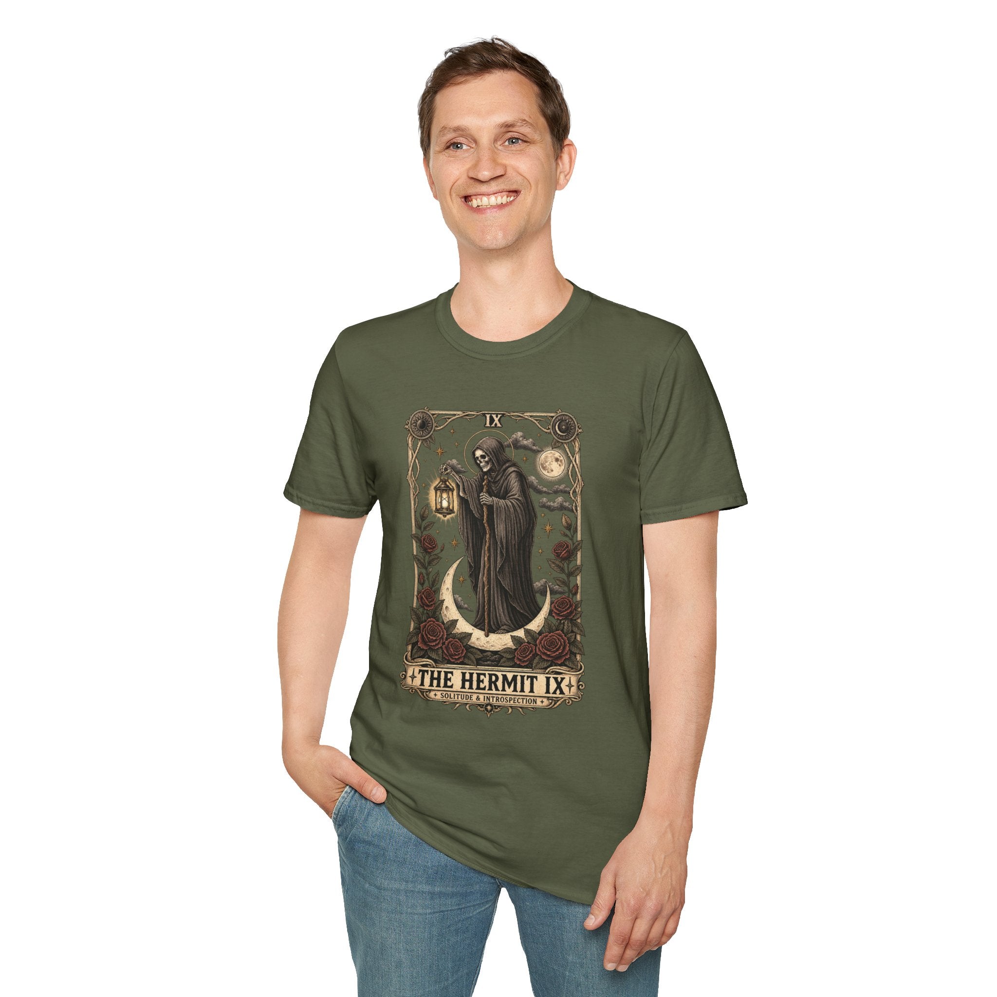 The Hermit Tarot Graphic Tee | Vintage Occult Gothic Shirt | Dark Celestial Unisex T-Shirt