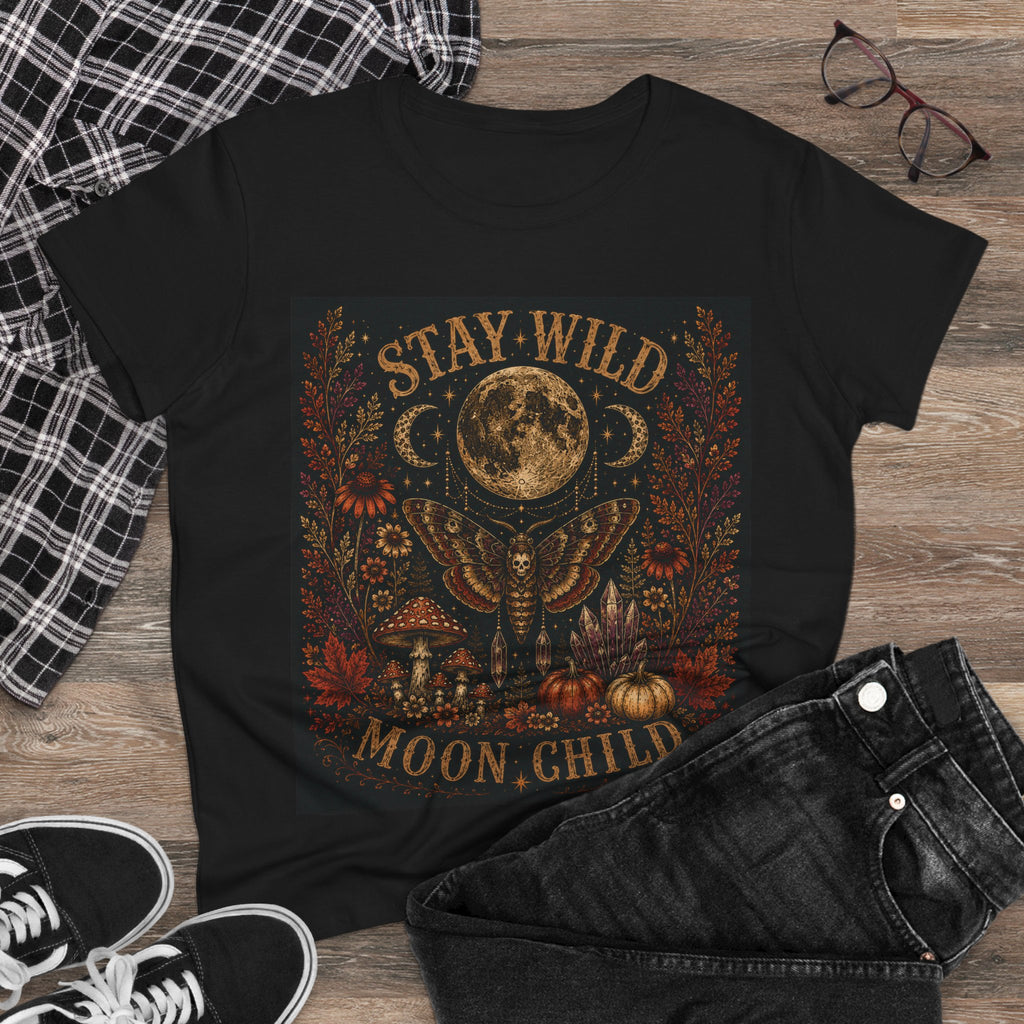 Stay Wild Moon Child T-Shirt - Mystical Moon & Floral Graphic for Women