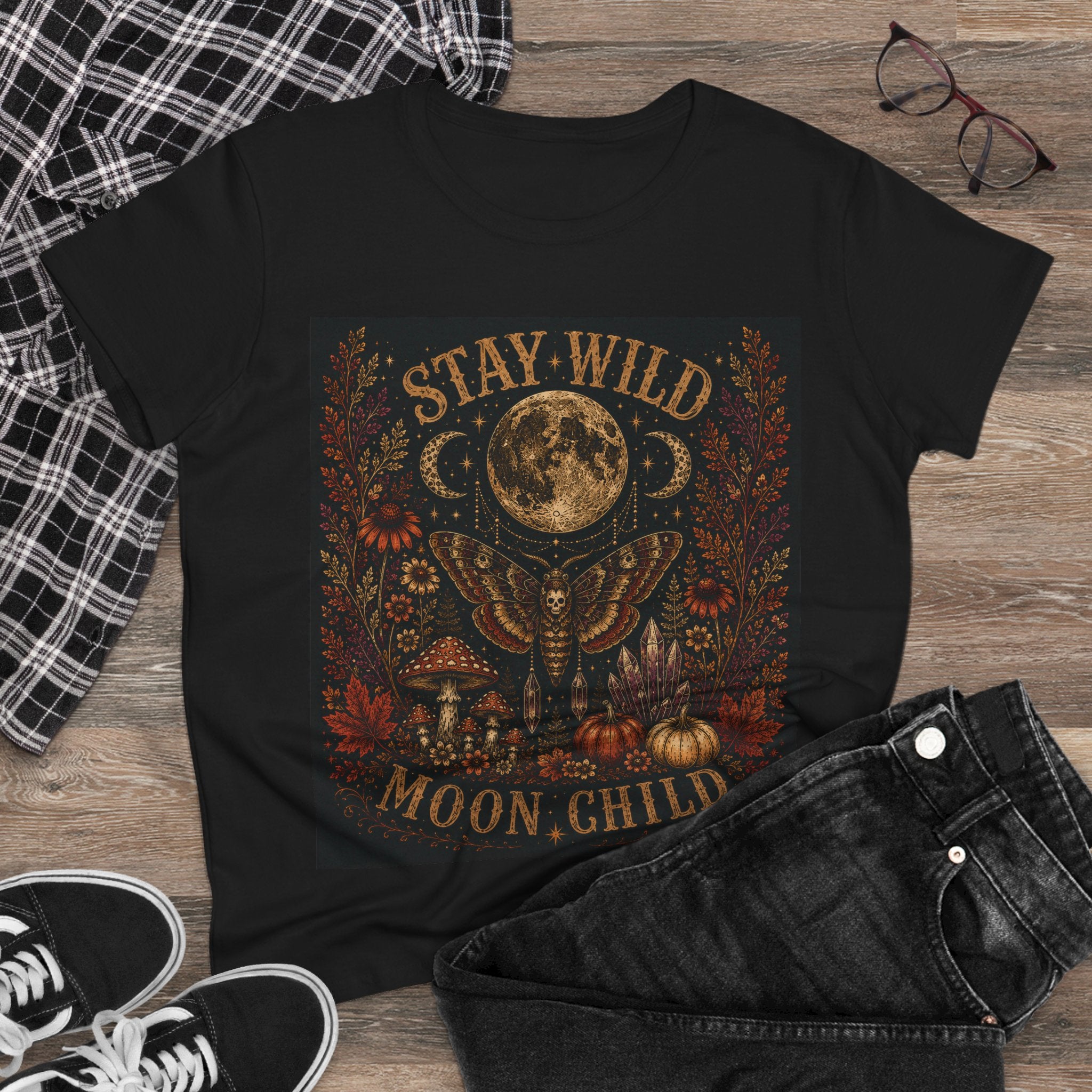 Stay Wild Moon Child T-Shirt - Mystical Moon & Floral Graphic for Women