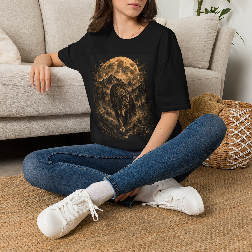 Wolf Moon T-Shirt — Majestic Wolf Silhouette with Full Moon Woodland Design