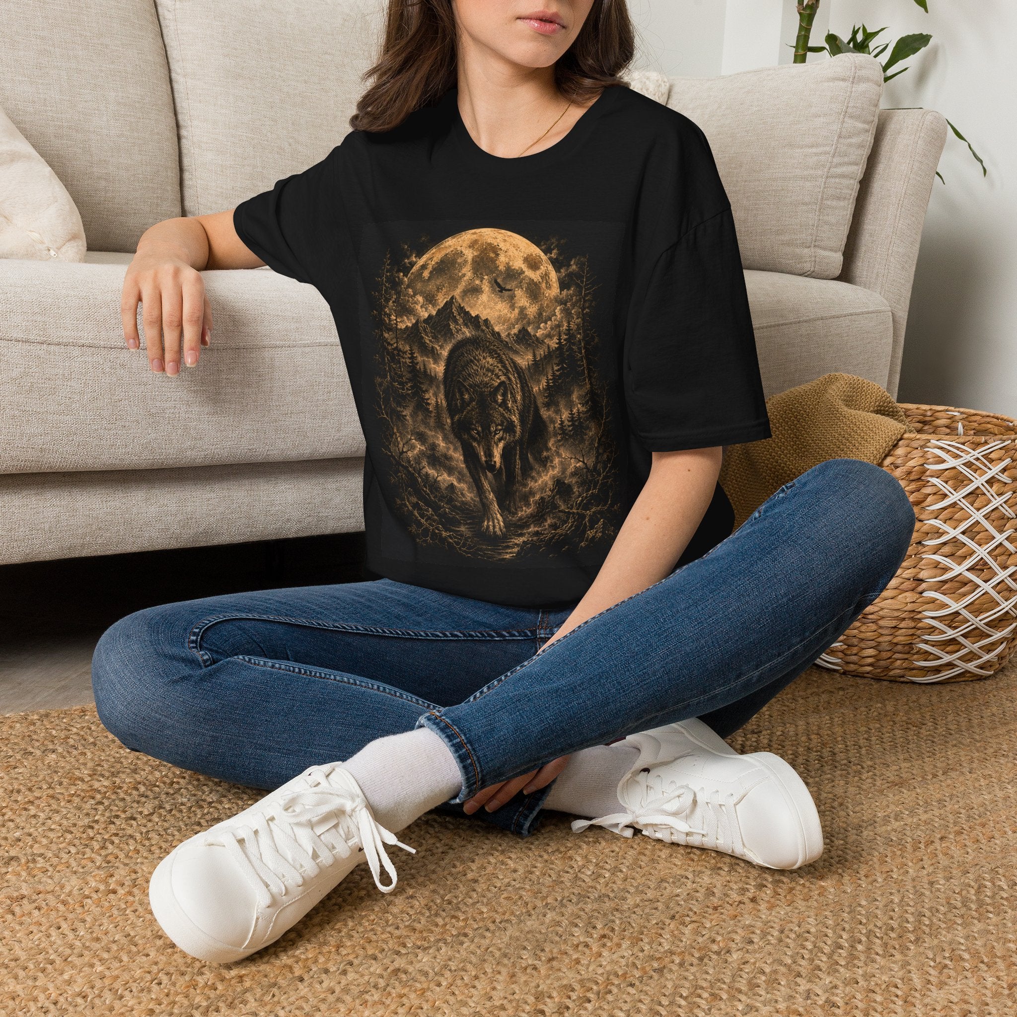 Wolf Moon T-Shirt — Majestic Wolf Silhouette with Full Moon Woodland Design