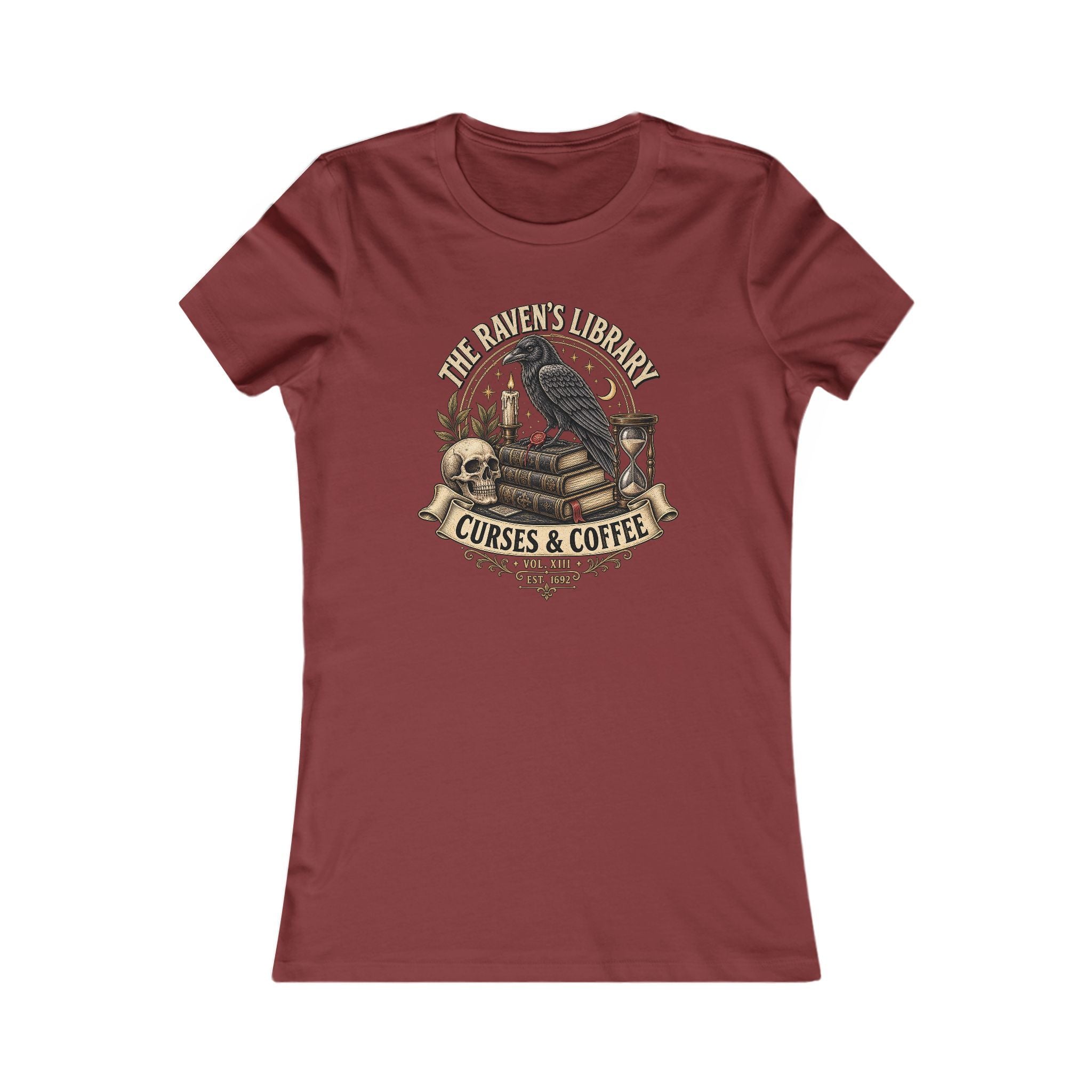 The Raven’s Library Tee | Vintage Gothic Raven & Books Shirt | Dark Academia Curses and Coffee Graphic Tee
