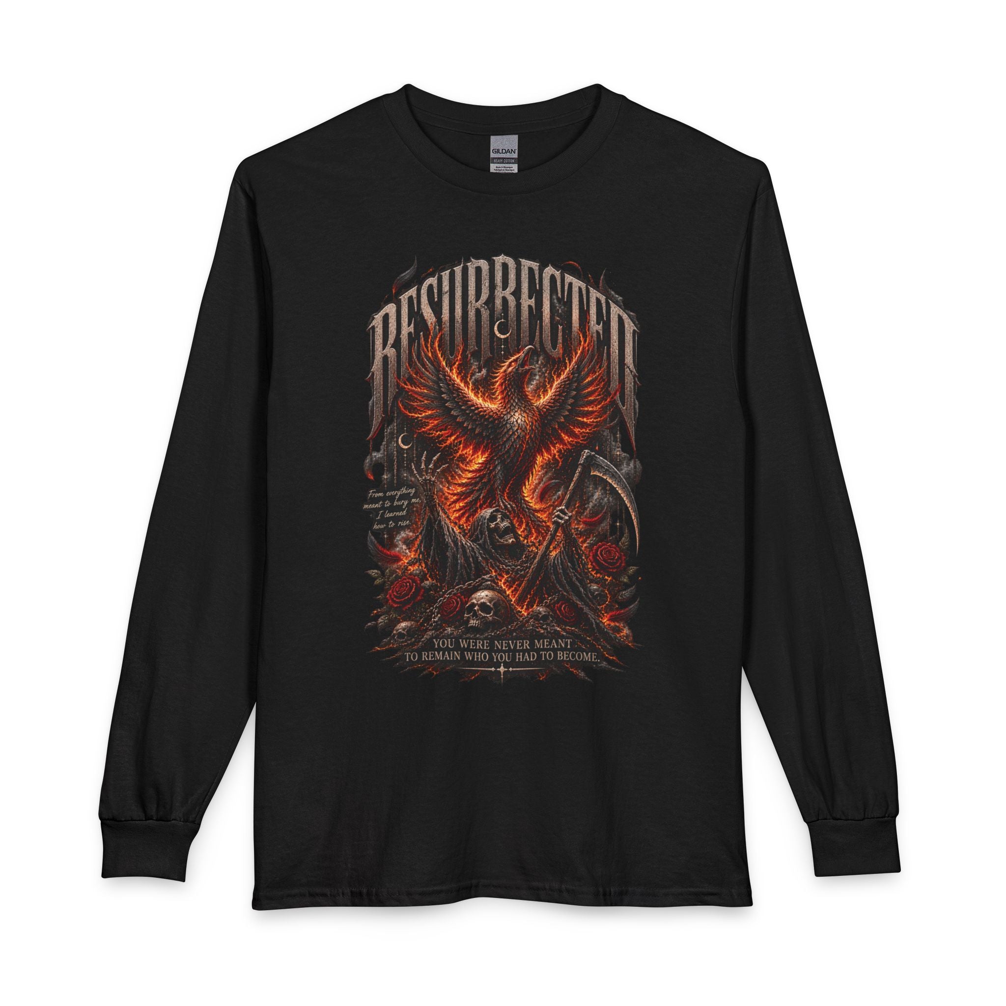 Resurrected Phoenix Long Sleeve Tee — Fiery Gothic Revival Shirt